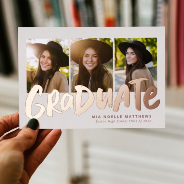 Bold graduate modern rose gold 3 photo graduation (Creator Uploaded)