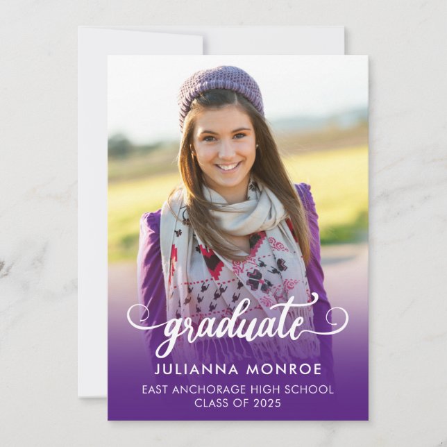 Bold Graduate Script Royal Purple Graduation Announcement (Front)