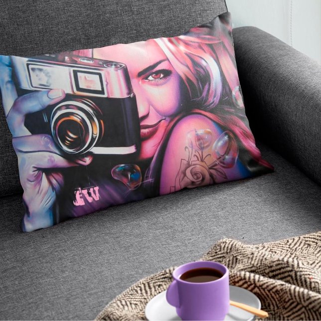 Bold Grafitti Woman with Camera Monogram  Decorative Cushion (Creator Uploaded)