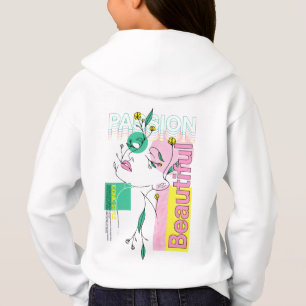 Bold Graphic Hoodie for Girls – White, Fun Floral