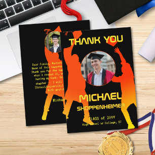 Bold Graphic Orange Black Graduation Photo Thank You Card