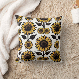 Bold Graphic Sunflowers in Yellow and Black Cushion