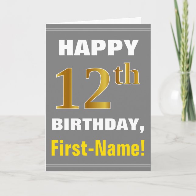 Bold, Gray, Faux Gold 12th Birthday w/ Name Card (Front)