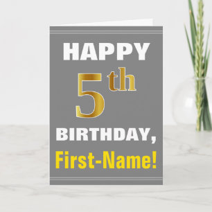 Bold, Gray, Faux Gold 5th Birthday w/ Name Card