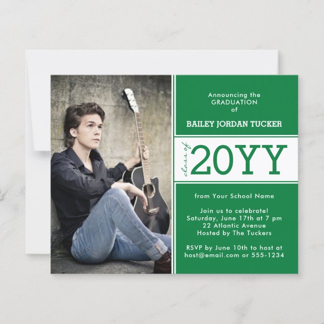 Bold Green and White Photo Graduation Announcement (Front)