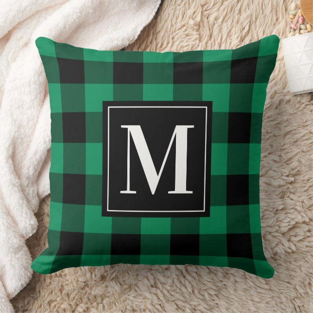 Bold Green Black Buffalo Plaid Monogram Christmas Cushion (Blanket)