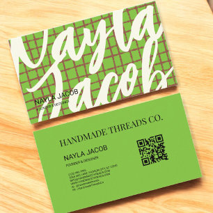 Bold Green Brown Check Pattern QR Code Handmade Business Card