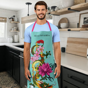 Bold Green Chinese Dragon Lotus Teal Tattoo Apron