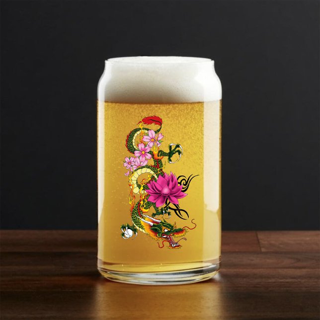 Bold Green Chinese Dragon Lotus Teal Tattoo Can Glass (Creator Uploaded)