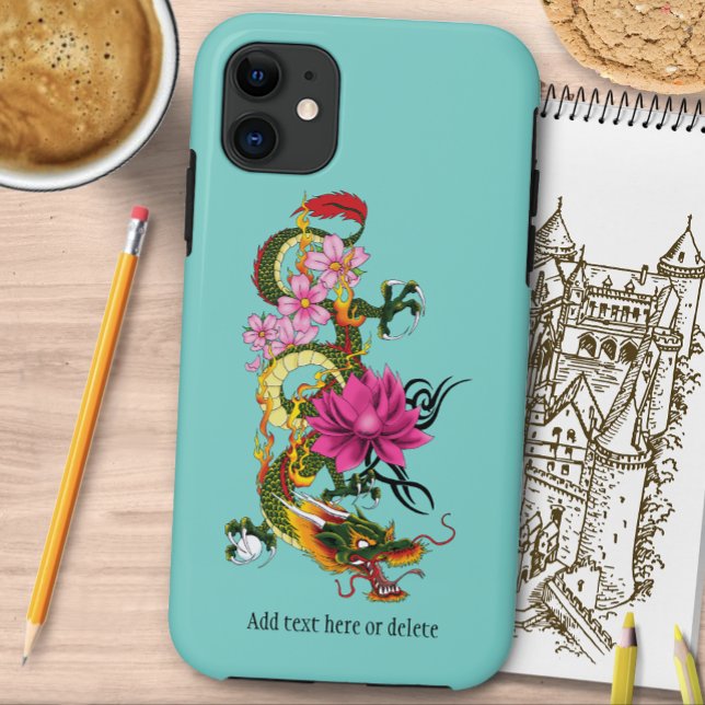 Bold Green Chinese Dragon Lotus Teal Tattoo Case-Mate iPhone Case (Creator Uploaded)