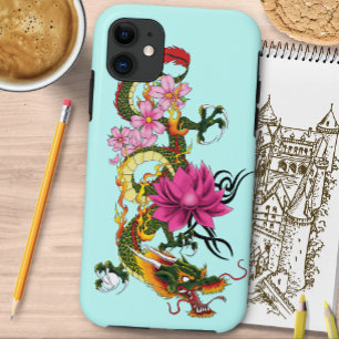 Bold Green Chinese Dragon Lotus Teal Tattoo iPhone 11 Case