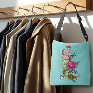 Bold Green Chinese Dragon Lotus Teal Tattoo Crossbody Bag