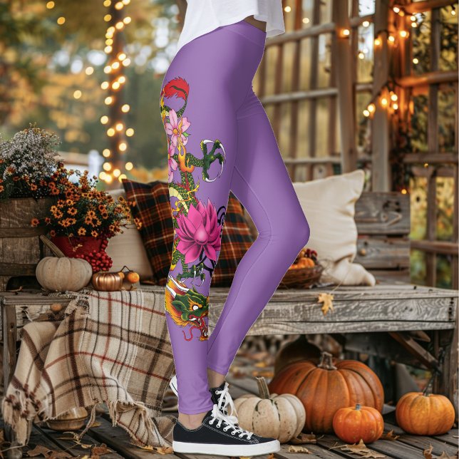 Bold Green Chinese Dragon Lotus Teal Tattoo Leggings (Creator Uploaded)
