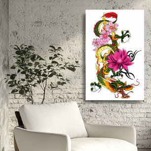 Bold Green Chinese Dragon Lotus Teal Tattoo Poster