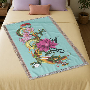 Bold Green Chinese Dragon Lotus Teal Tattoo Throw Blanket