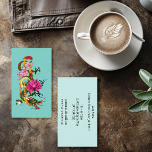 Bold Green Chinese Dragon Lotus Teal Tattoos Business Card