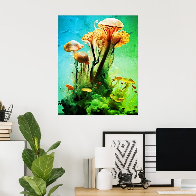Bold Green Coloured Translucent Mushrooms On a Wal Poster (Home Office)