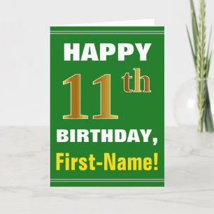 Bold, Green, Faux Gold 11th Birthday w/ Name Card