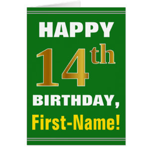 Bold, Green, Faux Gold 14th Birthday w/ Name Card
