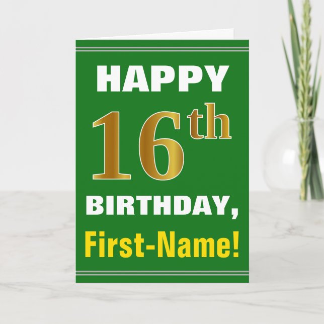 Bold, Green, Faux Gold 16th Birthday w/ Name Card (Front)