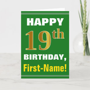 Bold, Green, Faux Gold 19th Birthday w/ Name Card