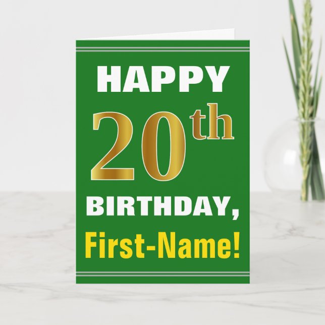 Bold, Green, Faux Gold 20th Birthday w/ Name Card (Front)