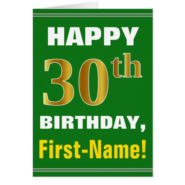 Bold, Green, Faux Gold 30th Birthday w/ Name Card (Front)