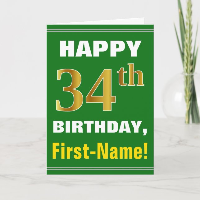 Bold, Green, Faux Gold 34th Birthday w/ Name Card (Front)