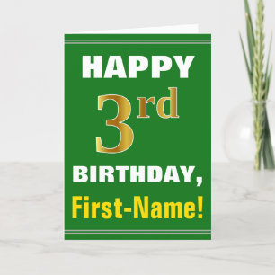 Bold, Green, Faux Gold 3rd Birthday w/ Name Card