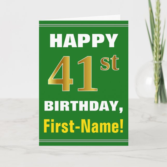 Bold, Green, Faux Gold 41st Birthday w/ Name Card (Front)