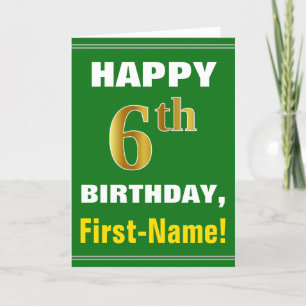 Bold, Green, Faux Gold 6th Birthday w/ Name Card