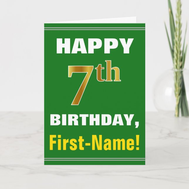 Bold, Green, Faux Gold 7th Birthday w/ Name Card (Front)