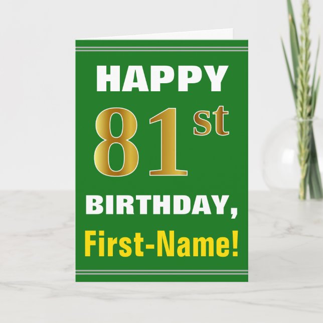 Bold, Green, Faux Gold 81st Birthday w/ Name Card (Front)