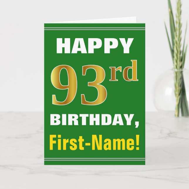 Bold, Green, Faux Gold 93rd Birthday w/ Name Card (Front)