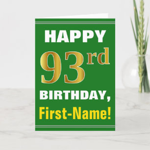 Bold, Green, Faux Gold 93rd Birthday w/ Name Card