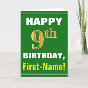 Bold, Green, Faux Gold 9th Birthday w/ Name Card