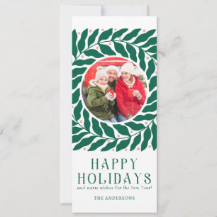 Bold Green Floral Two Photo Holidays Holiday Card