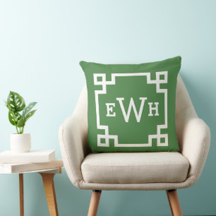 Bold Green Greek Key Monogram Initial Cushion