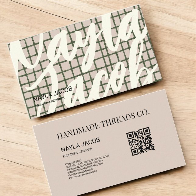 Bold Green Grey Check Pattern QR Code for Handmade Business Card (Creator Uploaded)