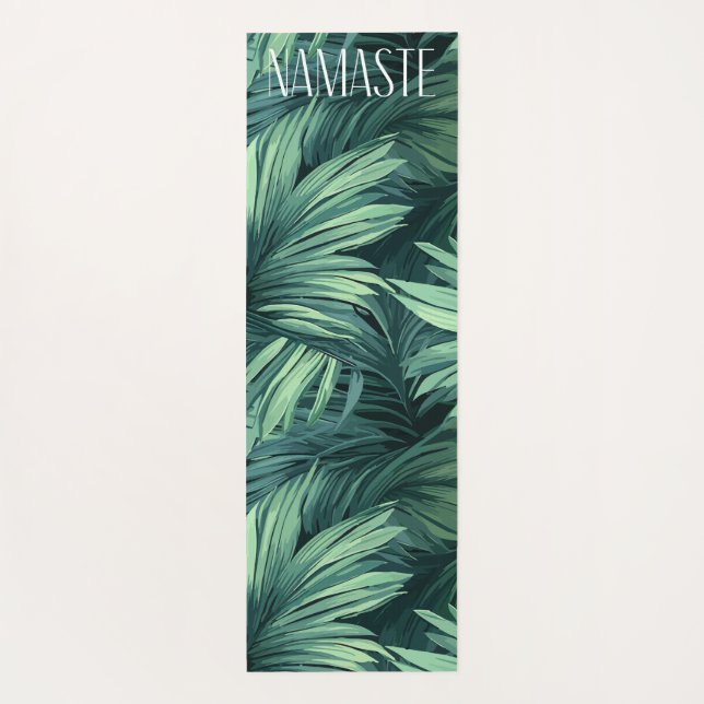 Bold green jungle tropical palm pattern Namaste Yoga Mat (Back)