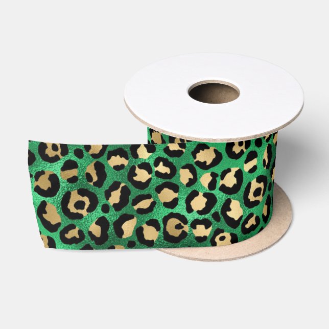Bold Green Leopard Print | Glam Animal Pattern Satin Ribbon (Spool)
