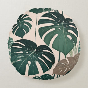 Bold Green Monstera Leaves Tropical Jungle  Round Cushion