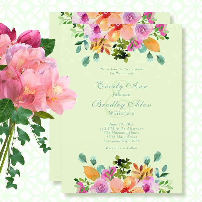 Bold Green Orange Pink Watercolor Floral Wedding   Invitation (Creator Uploaded)
