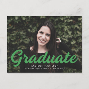 Bold Green Script Photo Graduation Party Invitation Postcard