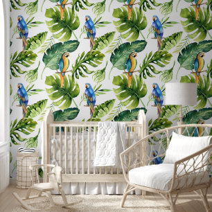 Bold Green Tropical Leaves with Colourful Parrots Wallpaper