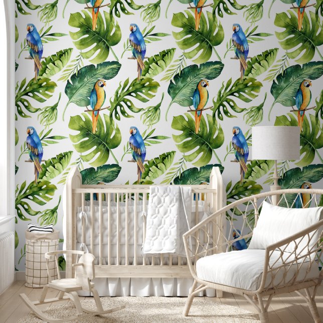 Bold Green Tropical Leaves with Colourful Parrots Wallpaper (Kids)