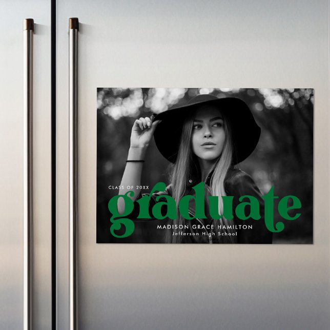 Bold Green Typography Photo Graduation Magnetic Invitation (Creator Uploaded)