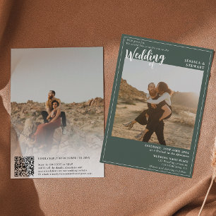 Bold green wedding script photo Qr code Invitation