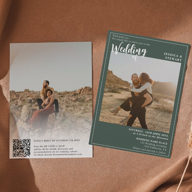 Bold green wedding script photo Qr code  Invitation (Creator Uploaded)