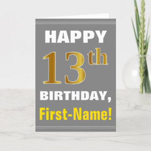 Bold, Grey, Faux Gold 13th Birthday w/ Name Card